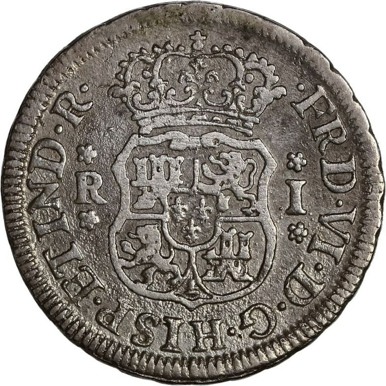 PERU Lima Silver Pillar 1 Real Ferdinand VI 1754 JD Dot over Mintmark Variety