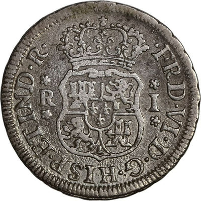 PERU Lima Silver Pillar 1 Real Ferdinand VI 1754 JD Dot over Mintmark Variety