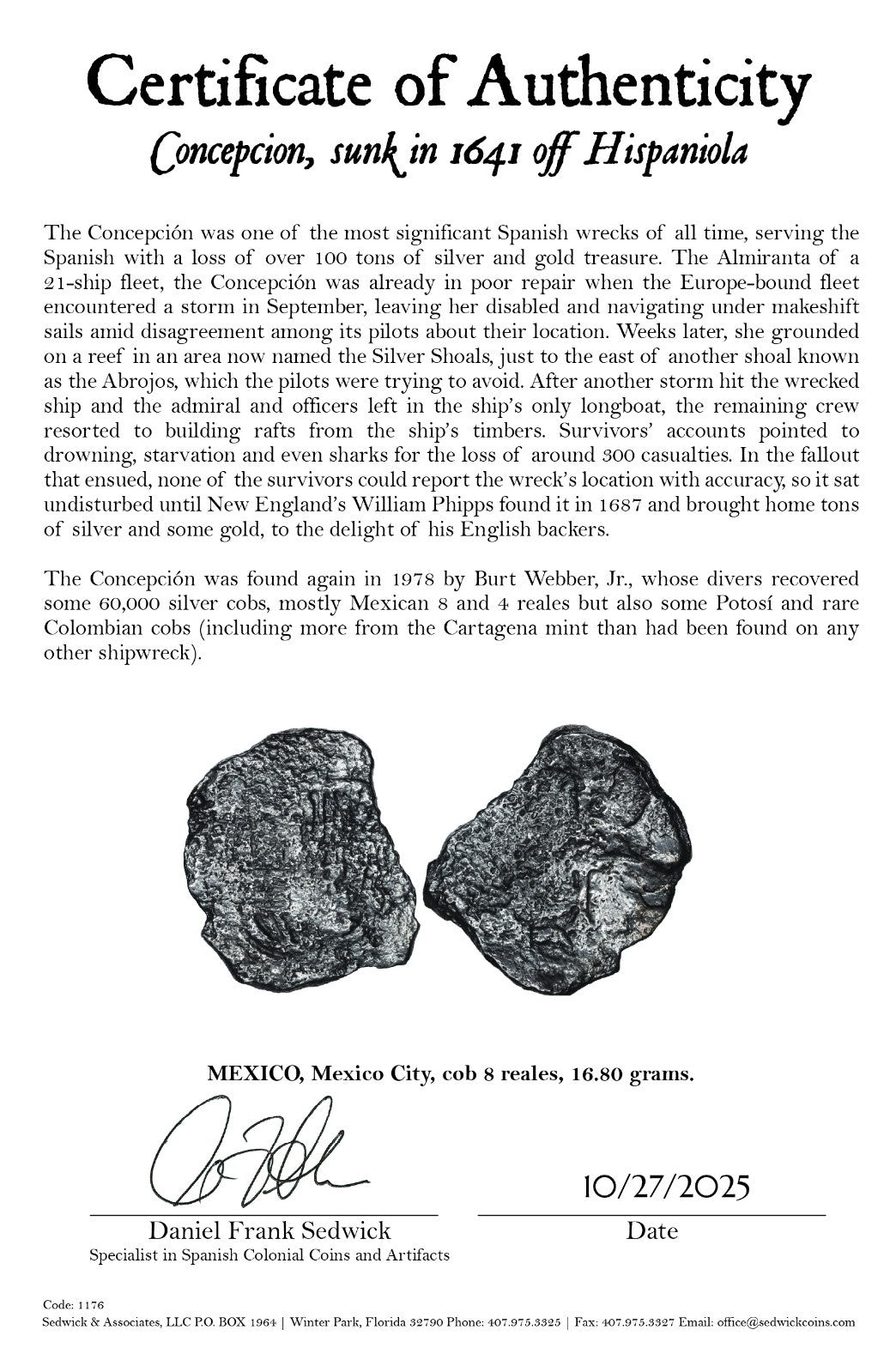 Concepcion Shipwreck (1641) MEXICO Mexico City Silver Cob 8 Reales with COA 1176