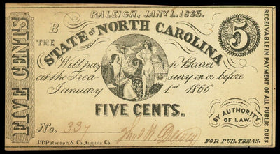 Raleigh State of North Carolina 5 Cents Jan. 1, 1863 Civil War Note