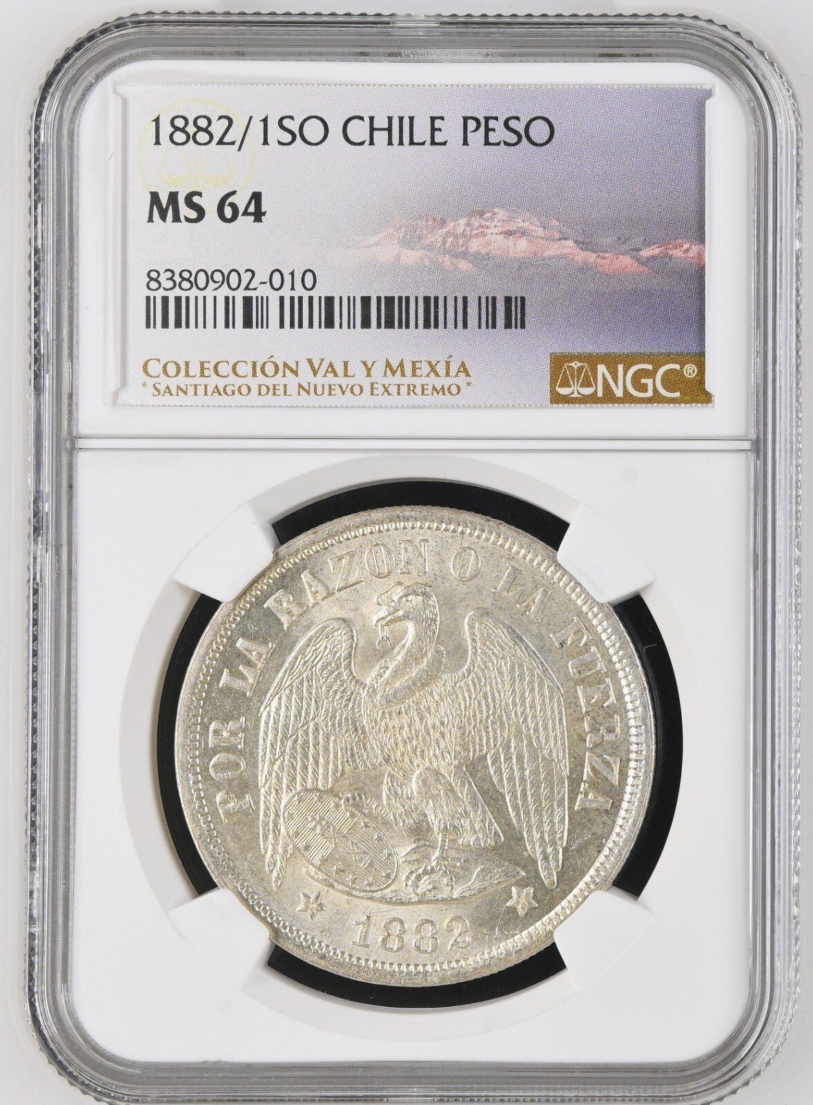 CHILE Santiago Silver Condor Peso 1882/1 NGC MS 64 KM-142.1