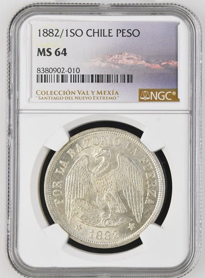 CHILE Santiago Silver Condor Peso 1882/1 NGC MS 64 KM-142.1