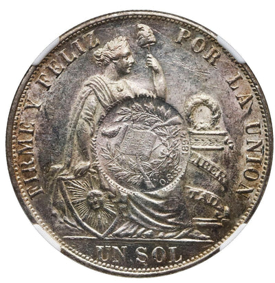 GUATEMALA Silver 1 Peso "1/2 real" C/S of 1894 on Lima 1 Sol 1891 TF NGC MS 61