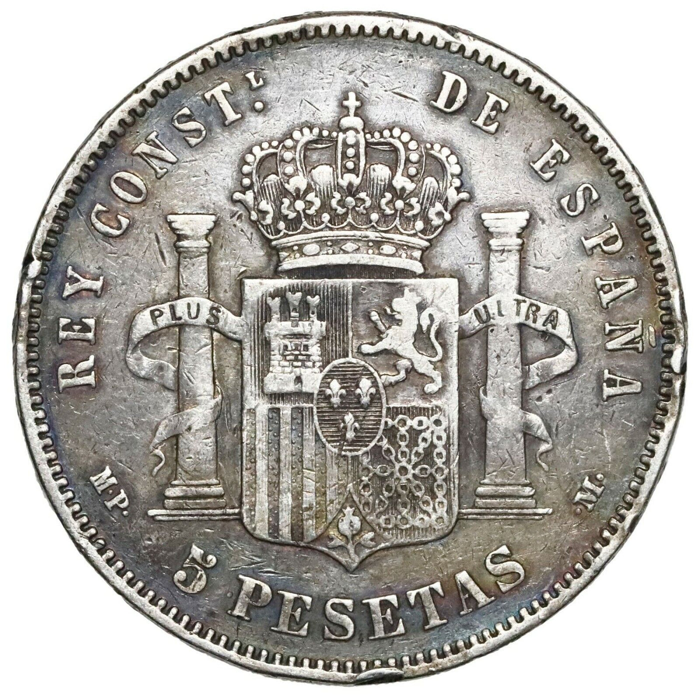 Madrid, Spain, 5 pesetas, Alfonso XII, 1885MP-M. Cal-63; KM-688. 24.80 grams. VF