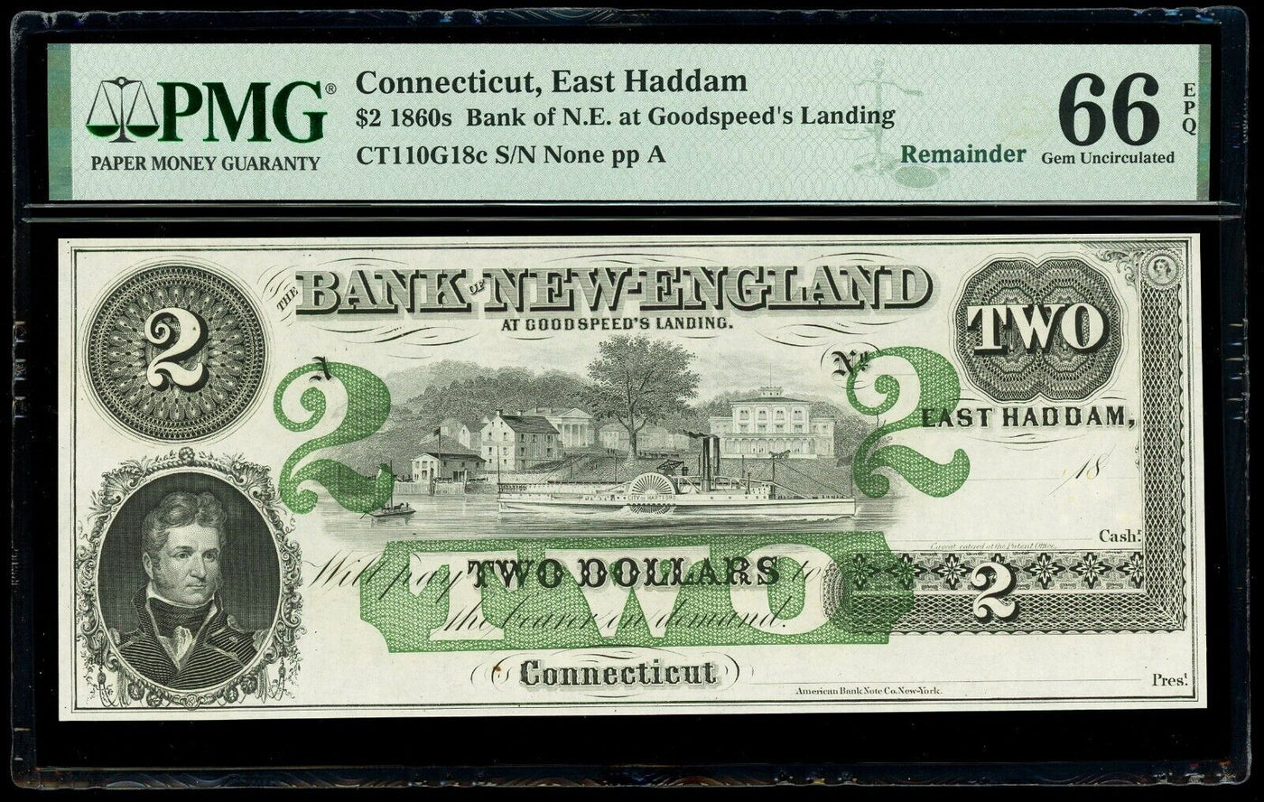 East Haddam Connecticut Bank of New England $2 1850s PMG Gem UNC 66 EPQ