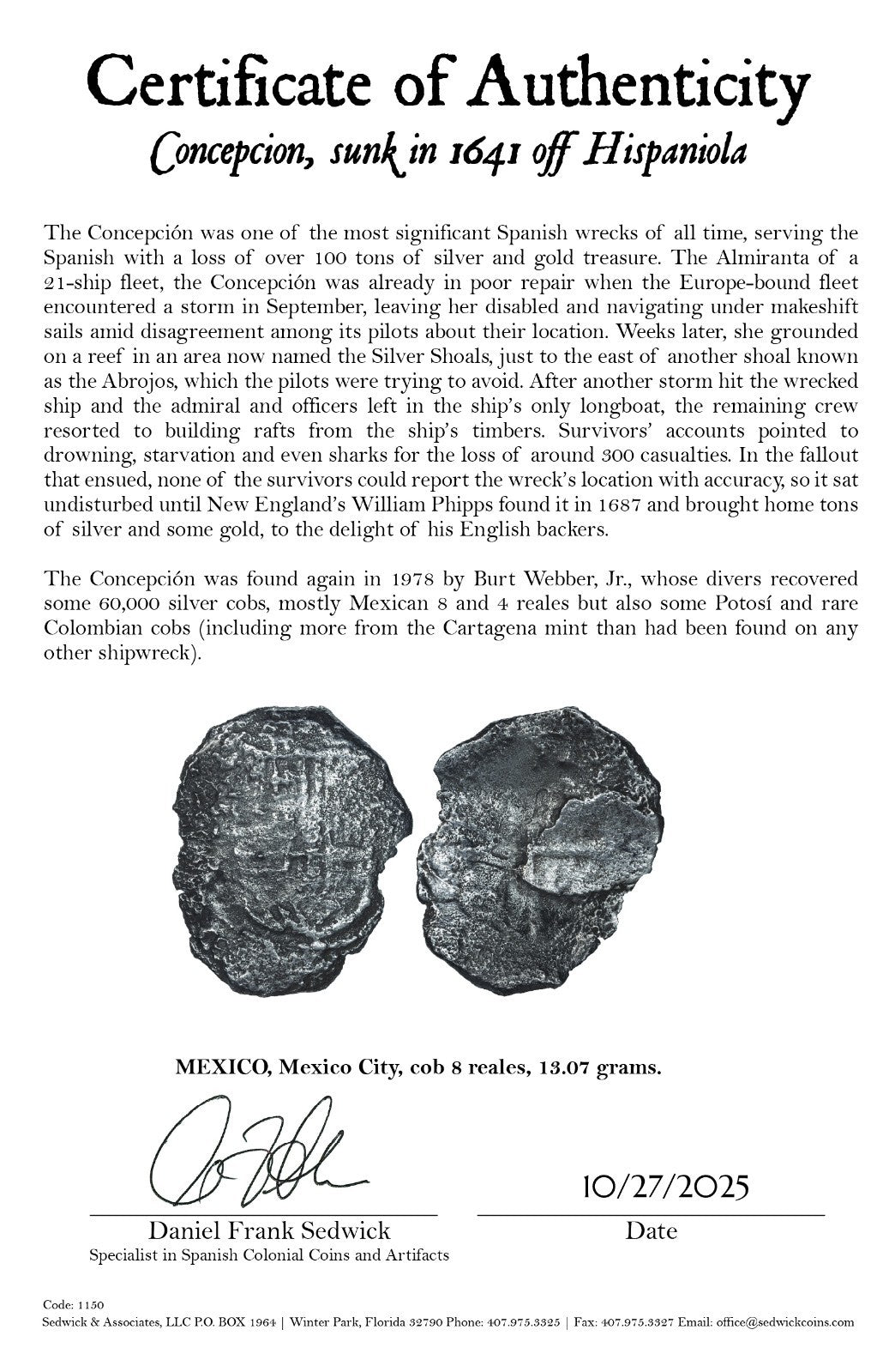 Concepcion Shipwreck (1641) MEXICO Mexico City Silver Cob 8 Reales with COA 1150