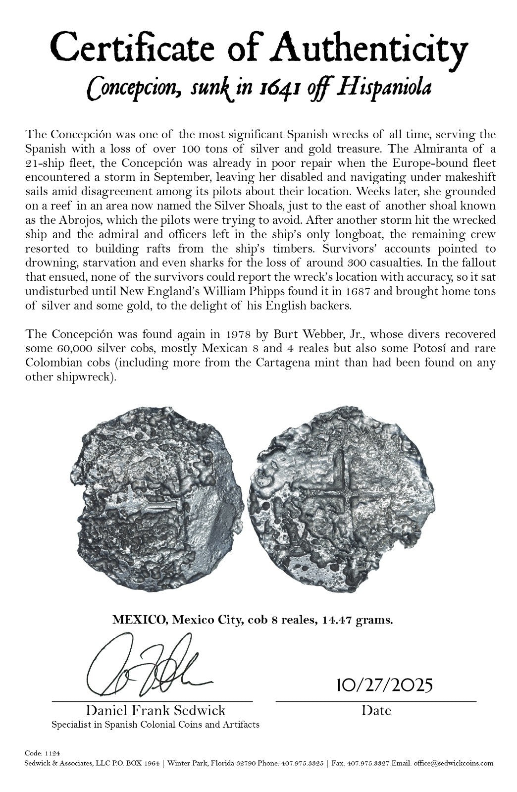 Concepcion Shipwreck (1641) MEXICO Mexico City Silver Cob 8 Reales with COA 1124