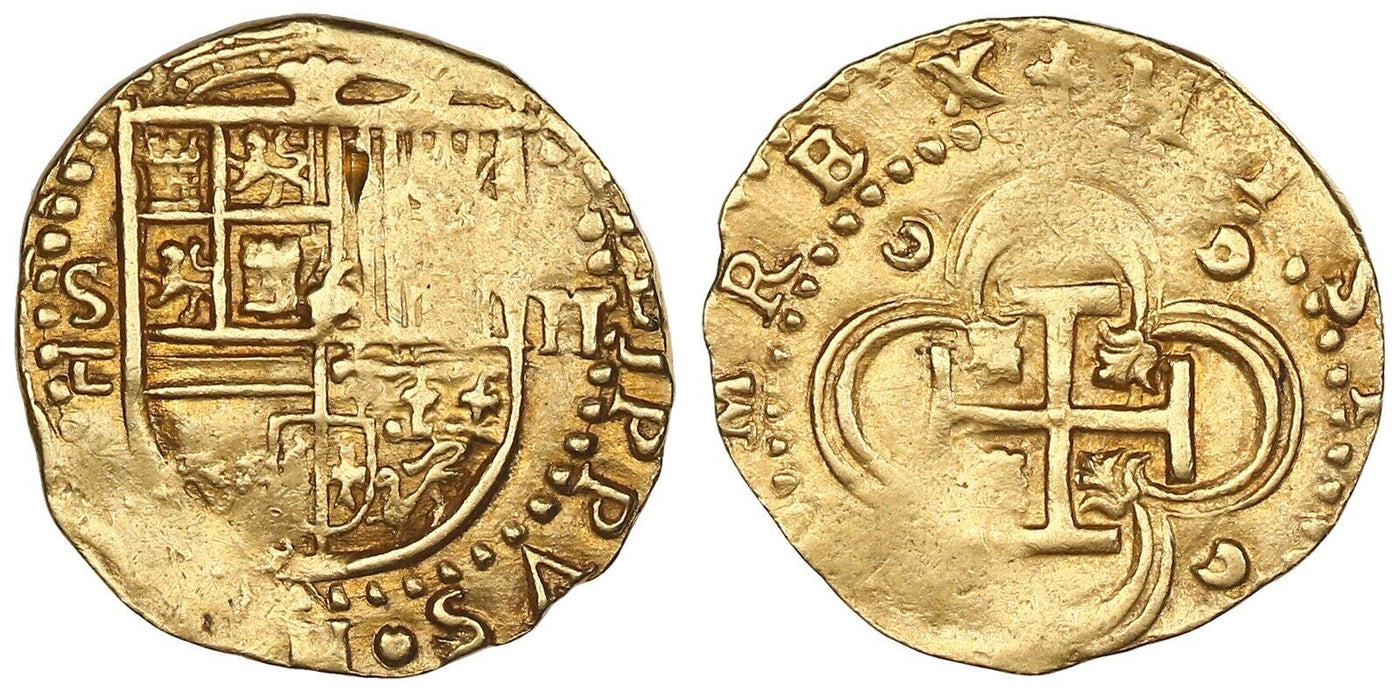 Spain Seville Gold Cob 2 Escudos Philip II Assayer Gothic D with open right side