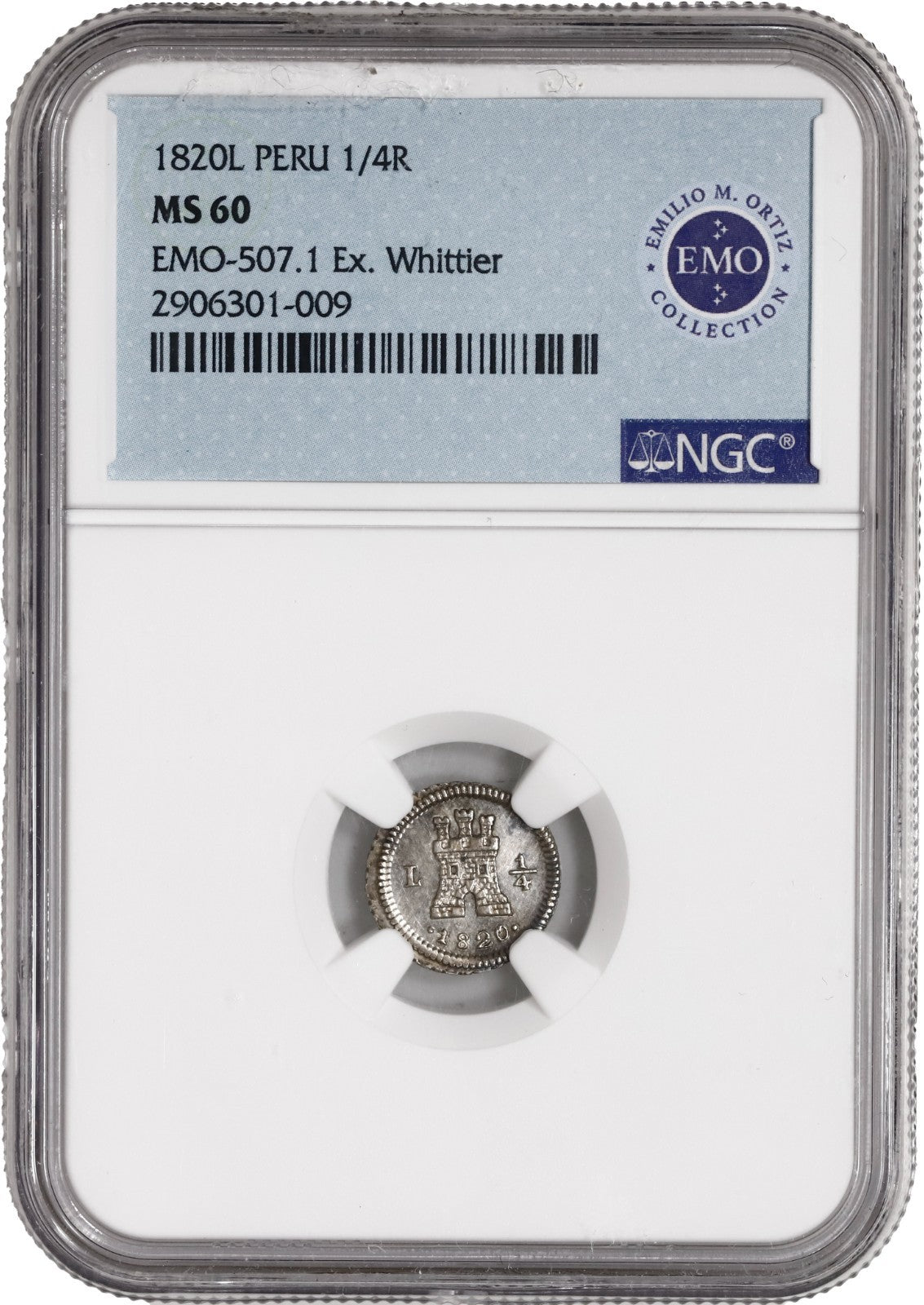 PERU, Lima, 1/4 real, Ferdinand VII, 1820, wide date, NGC MS 60 EMO Collection