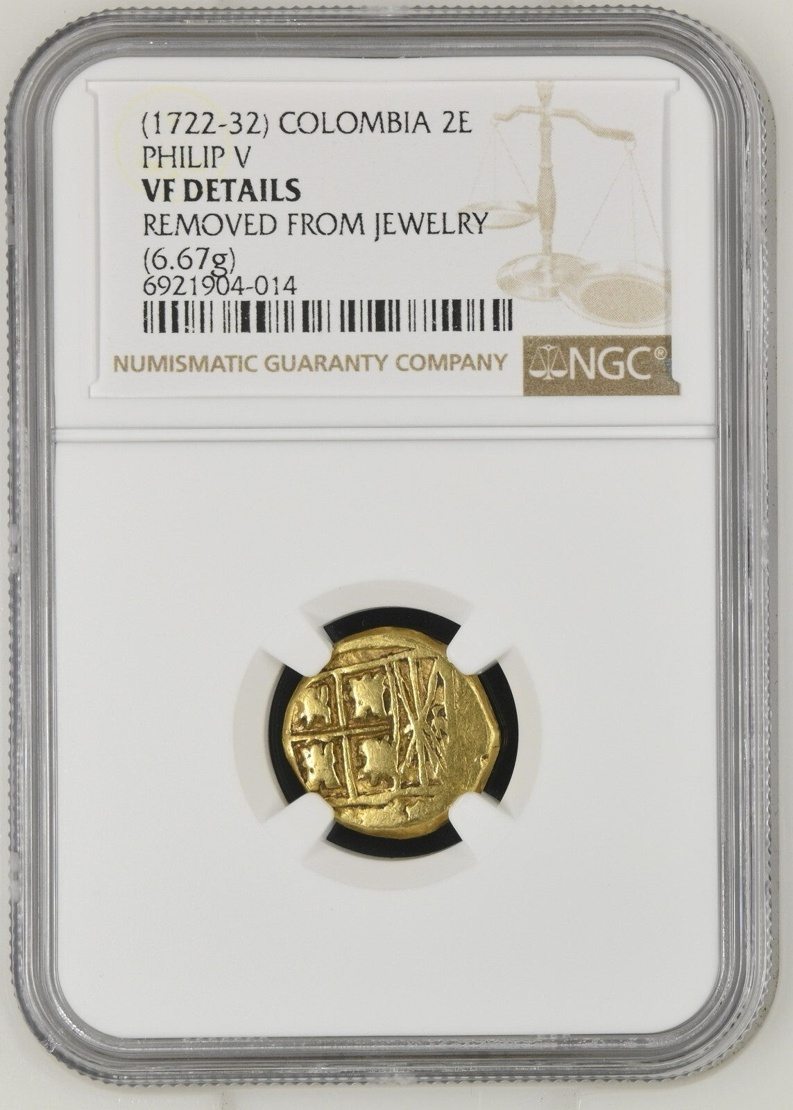 COLOMBIA Bogotá Gold Cob 2 Escudos Philip V (ca. 1730) NGC Graded VF Details