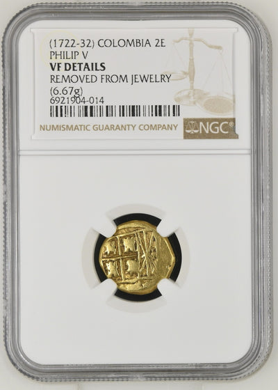 COLOMBIA Bogotá Gold Cob 2 Escudos Philip V (ca. 1730) NGC Graded VF Details