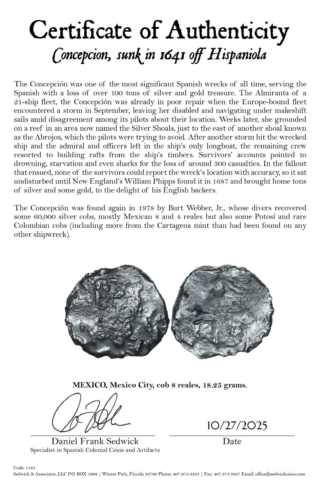 Concepcion Shipwreck (1641) MEXICO Mexico City Silver Cob 8 Reales with COA 1161