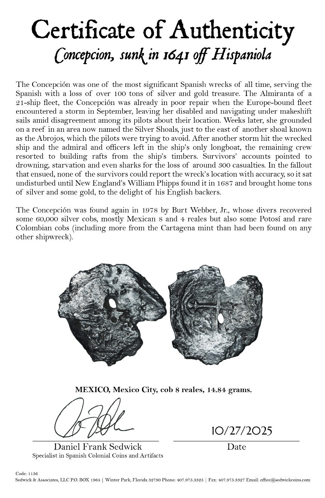 Concepcion Shipwreck (1641) MEXICO Mexico City Silver Cob 8 Reales with COA 1156