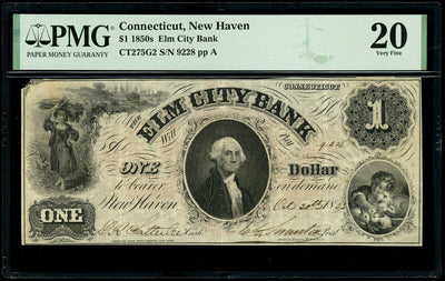 Connecticut New Haven Elm City Bank $1 Note 1855 PMG VF 20 Finest Known SENC