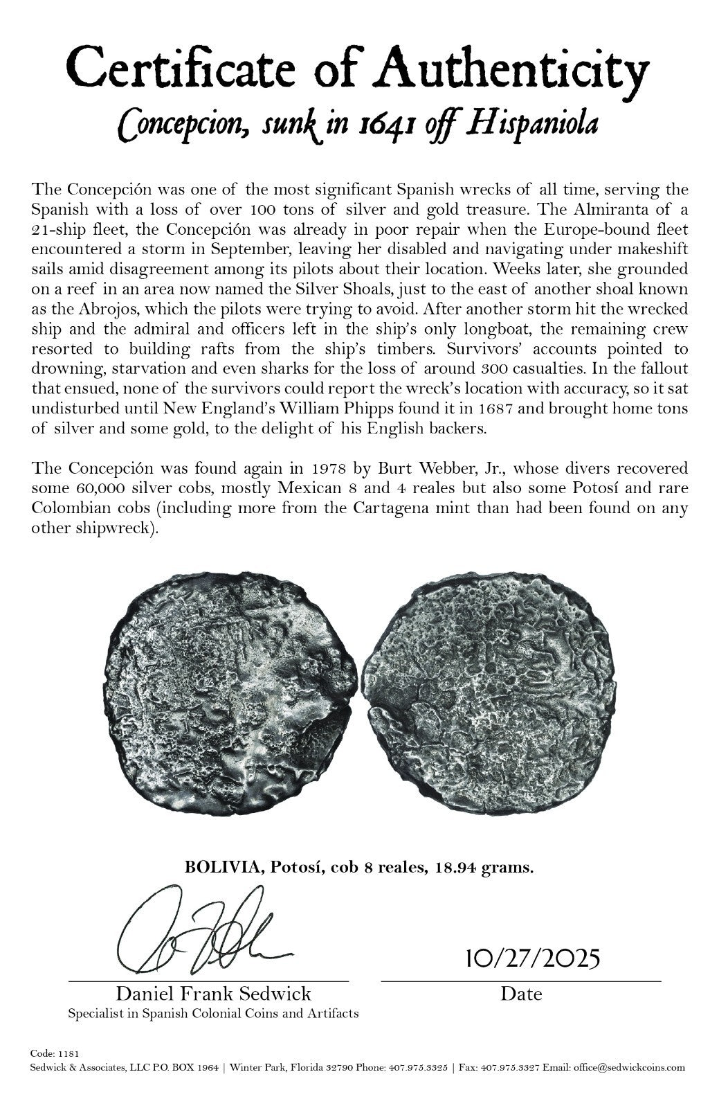 Concepcion Shipwreck (1641) BOLIVIA Potosí Silver Cob 8 Reales with COA 1181