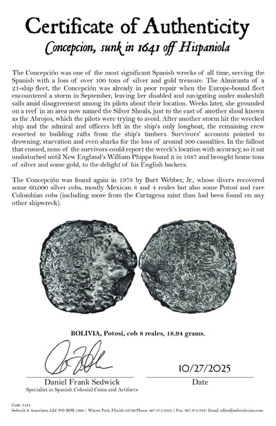 Concepcion Shipwreck (1641) BOLIVIA Potosí Silver Cob 8 Reales with COA 1181