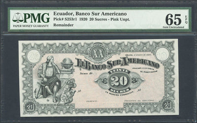 Ecuador, Banco Sur Americano, 20 sucres, 1920, PMG Gem UNC 65 EPQ P-S253r1