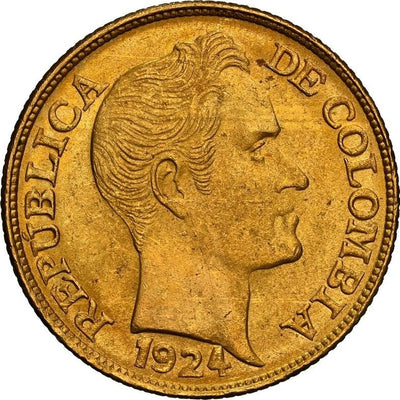 COLOMBIA, Bogotá, gold 5 pesos, 1924, mintmark B to left, NGC MS 63. Restrepo-45
