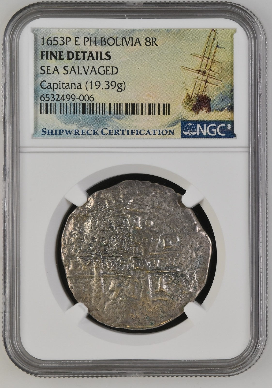 Capitana Shipwreck (1654) BOLIVIA, Potosi, cob 8 reales, 1653 E, with dot-PH-dot