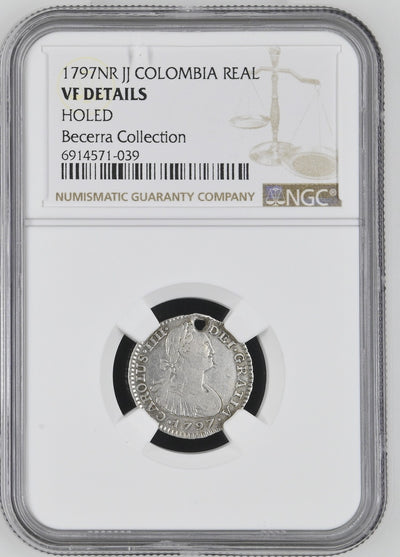 COLOMBIA, Bogotá, bust 1 real, Charles IV, 1797 JJ, NGC VF details / holed