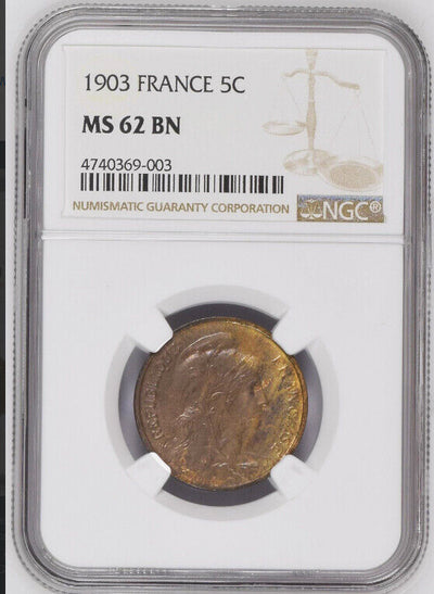 France, bronze 5 centimes, 1903, NGC MS 62 Brown. NGC #4740369-003.