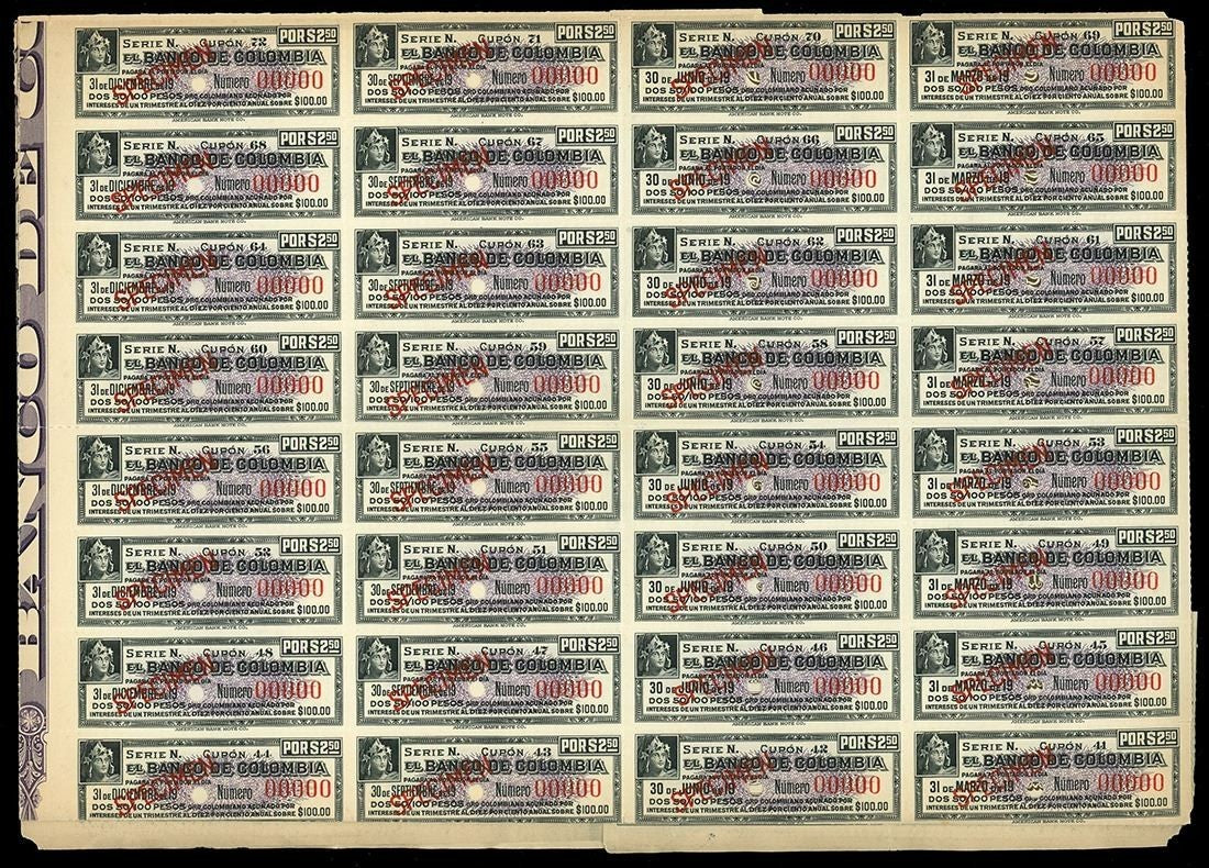 Bogotá Banco de Colombia 100 Pesos 10% Bond Specimen 1924 ex-ABNCo Archives