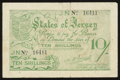 Jersey (WWII German Occupational) 10 Shillings ND (1941-42) Series JN Pick-5a