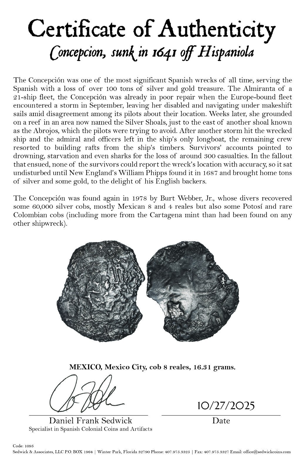 Concepcion Shipwreck (1641) MEXICO Mexico City Silver Cob 8 Reales with COA 1095