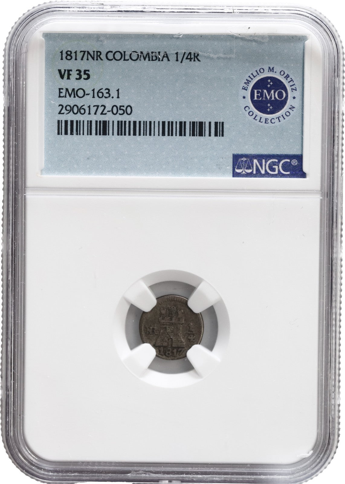 COLOMBIA, Bogotá, 1/4 real, Ferdinand VII, 1817, NGC VF 35, EMO Collection Label