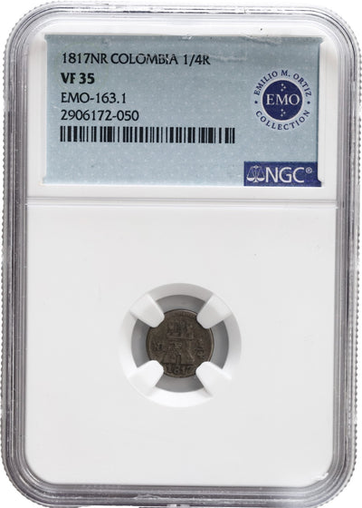 COLOMBIA, Bogotá, 1/4 real, Ferdinand VII, 1817, NGC VF 35, EMO Collection Label