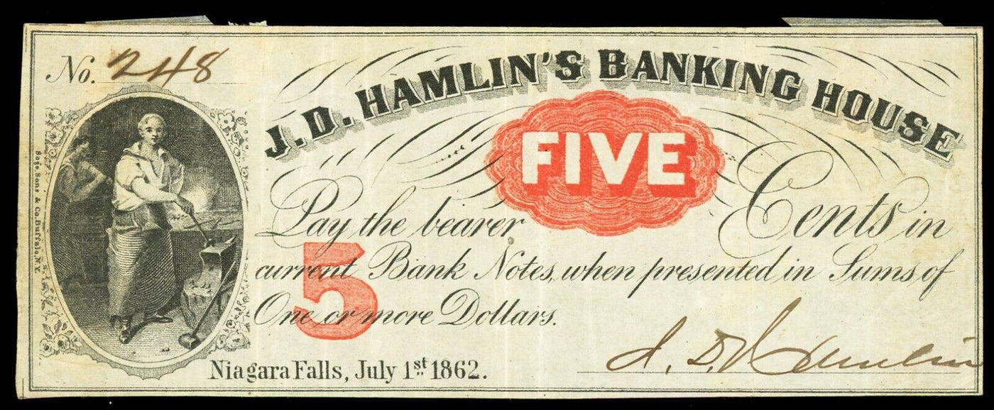 Niagara Falls New York J.D. Hamlin's Banking House 5 Cents July 1, 1862 Signed