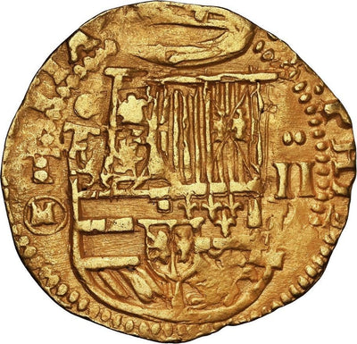 SPAIN, Toledo, gold cob 2 escudos, Philip II, assayer M-in-circle below mintmark