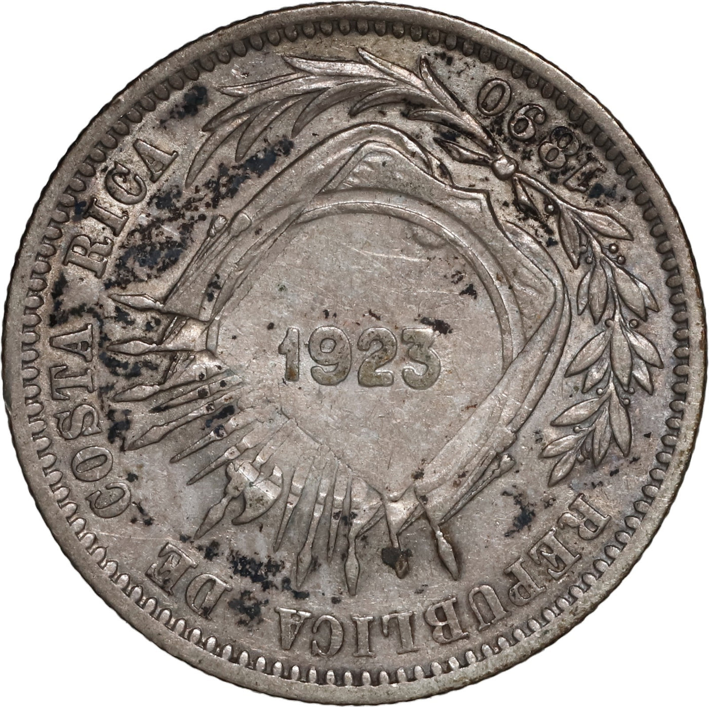 COSTA RICA, 50 céntimos, 1923 counterstamp on a Costa Rica, 25 centavos