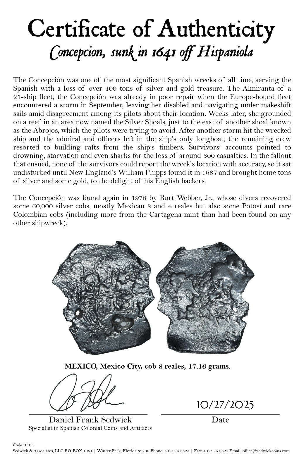 Concepcion Shipwreck (1641) MEXICO Mexico City Silver Cob 8 Reales with COA 1105