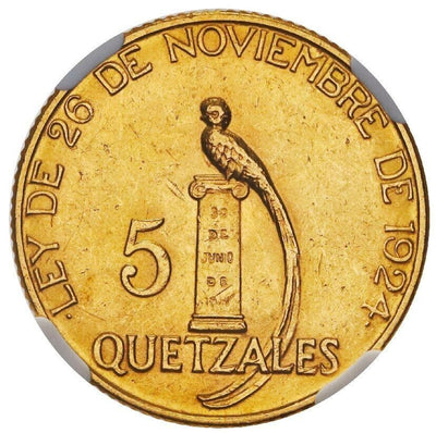 GUATEMALA Gold 5 Quetzales 1926 NGC MS 62 KM-244 Fr-50