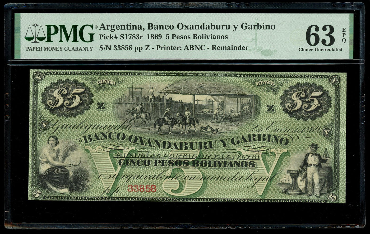 ARGENTINA Gualeguaychu Banco Oxandaburu 5 Pesos 1869 PMG UNC 63 EPQ ex-Bauman