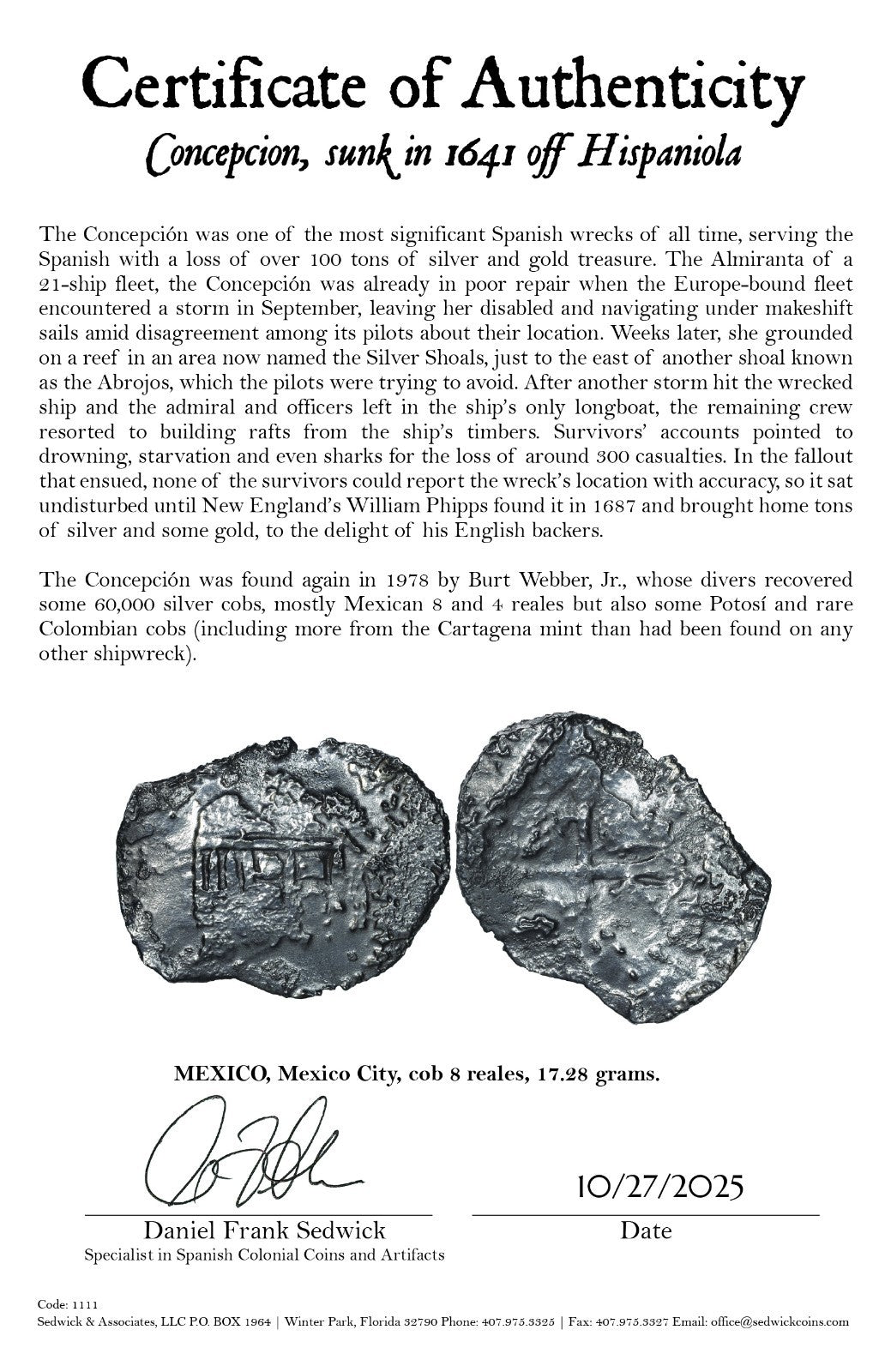 Concepcion Shipwreck (1641) MEXICO Mexico City Silver Cob 8 Reales with COA 1111