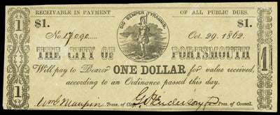 Portsmouth Virginia City of Portsmouth $1 Oct. 29, 1862 SIC SEMPER TYRANNIS