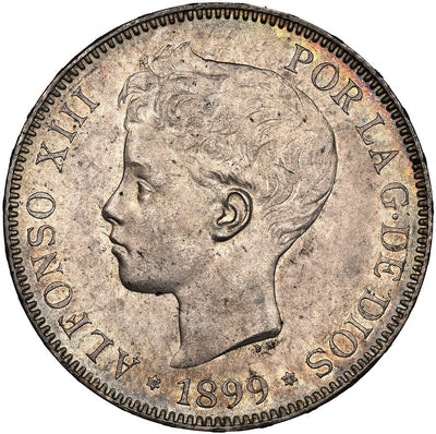 SPAIN, Madrid, 5 pesetas, Alfonso XIII, 1899 SG-V, 18-99 inside stars, NGC MS 61