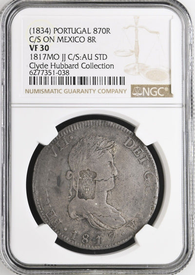 PORTUGAL 870 Reis Countermark (1834) on Mexico 1817 JJ 8R NGC VF 30 Ex-Hubbard