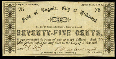 Richmond Virginia City of Richmond 75 Cents Apr. 14, 1862 Civil War Note