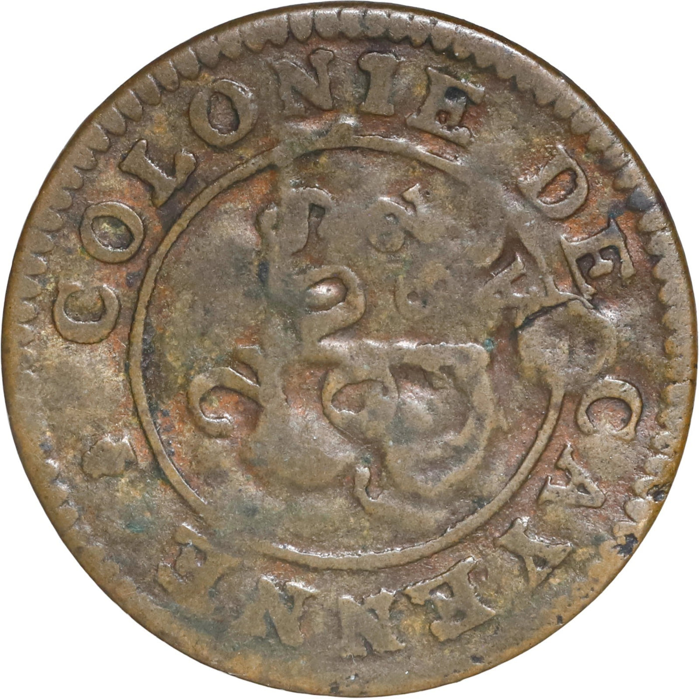 TOBAGO, copper "black dogg" (three halfpence) incuse TB/o countermark