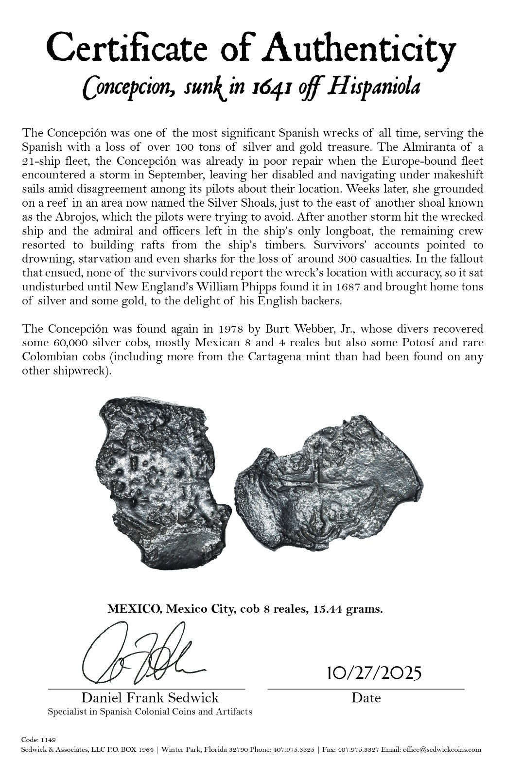 Concepcion Shipwreck (1641) MEXICO Mexico City Silver Cob 8 Reales with COA 1149