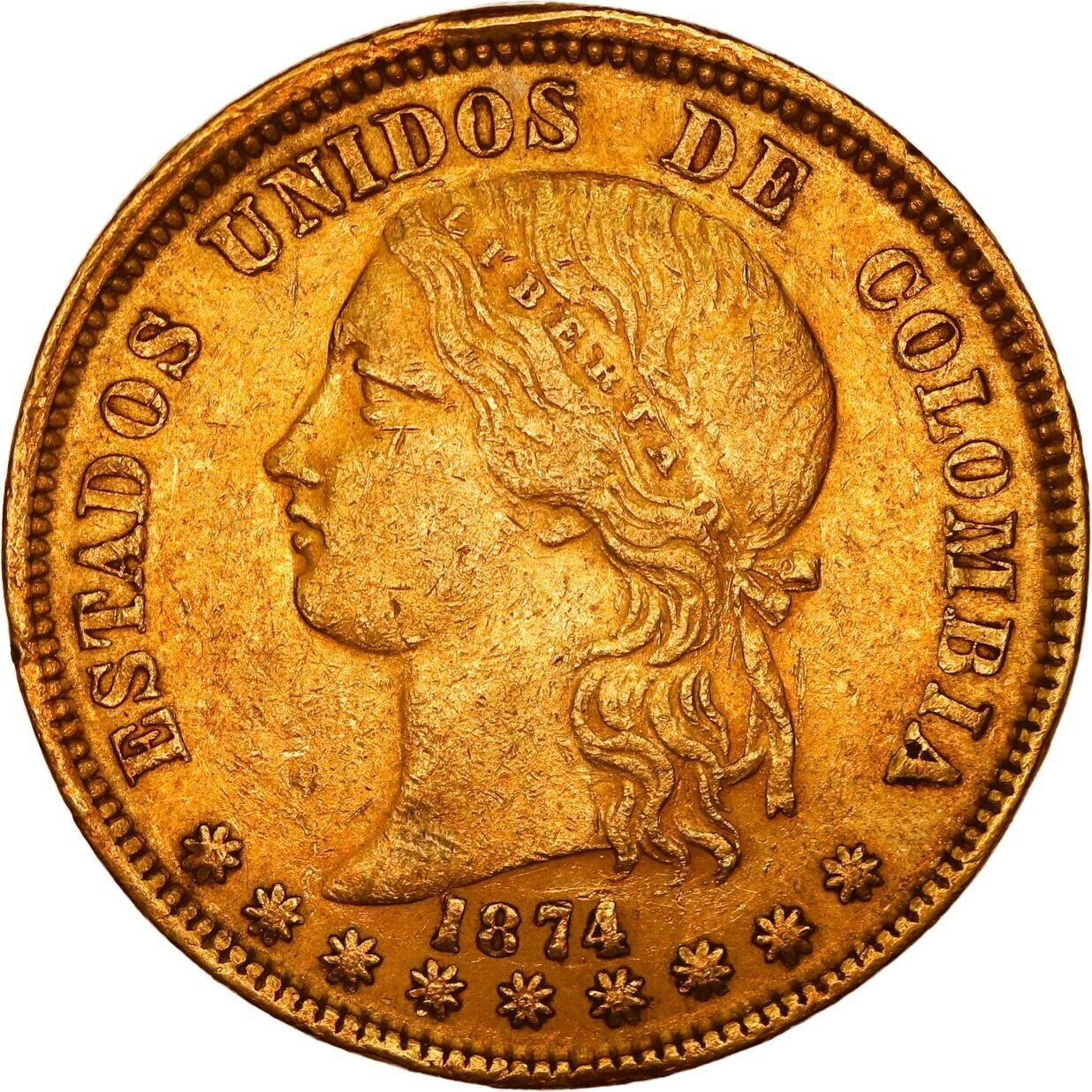 COLOMBIA, Bogotá, gold 20 pesos, 1874 Rare.