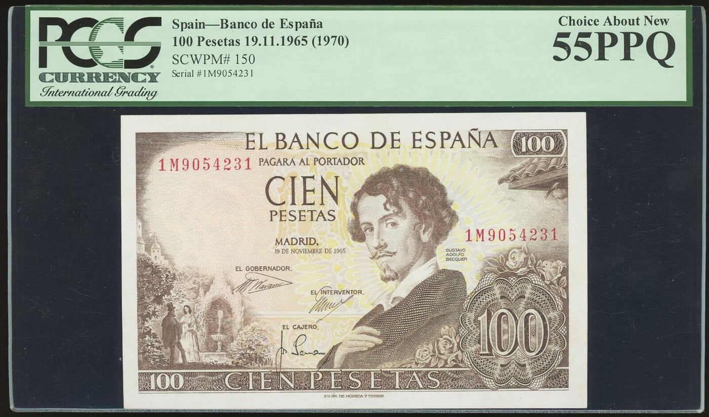 Madrid Spain Banco de Espana 100 Pesetas 19-11-1965 (1970) PCGS 55 PPQ Pick-150