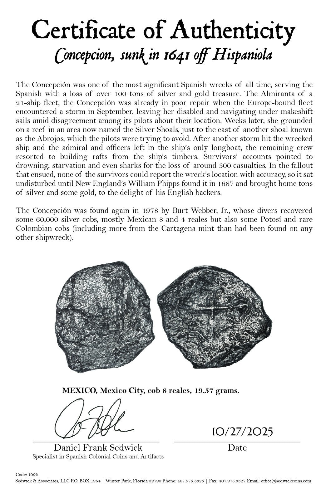 Concepcion Shipwreck (1641) MEXICO Mexico City Silver Cob 8 Reales with COA 1092