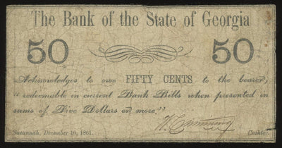 Savannah Georgia Bank of the State of Georgia 50 Cents Dec. 10, 1861 Civil War