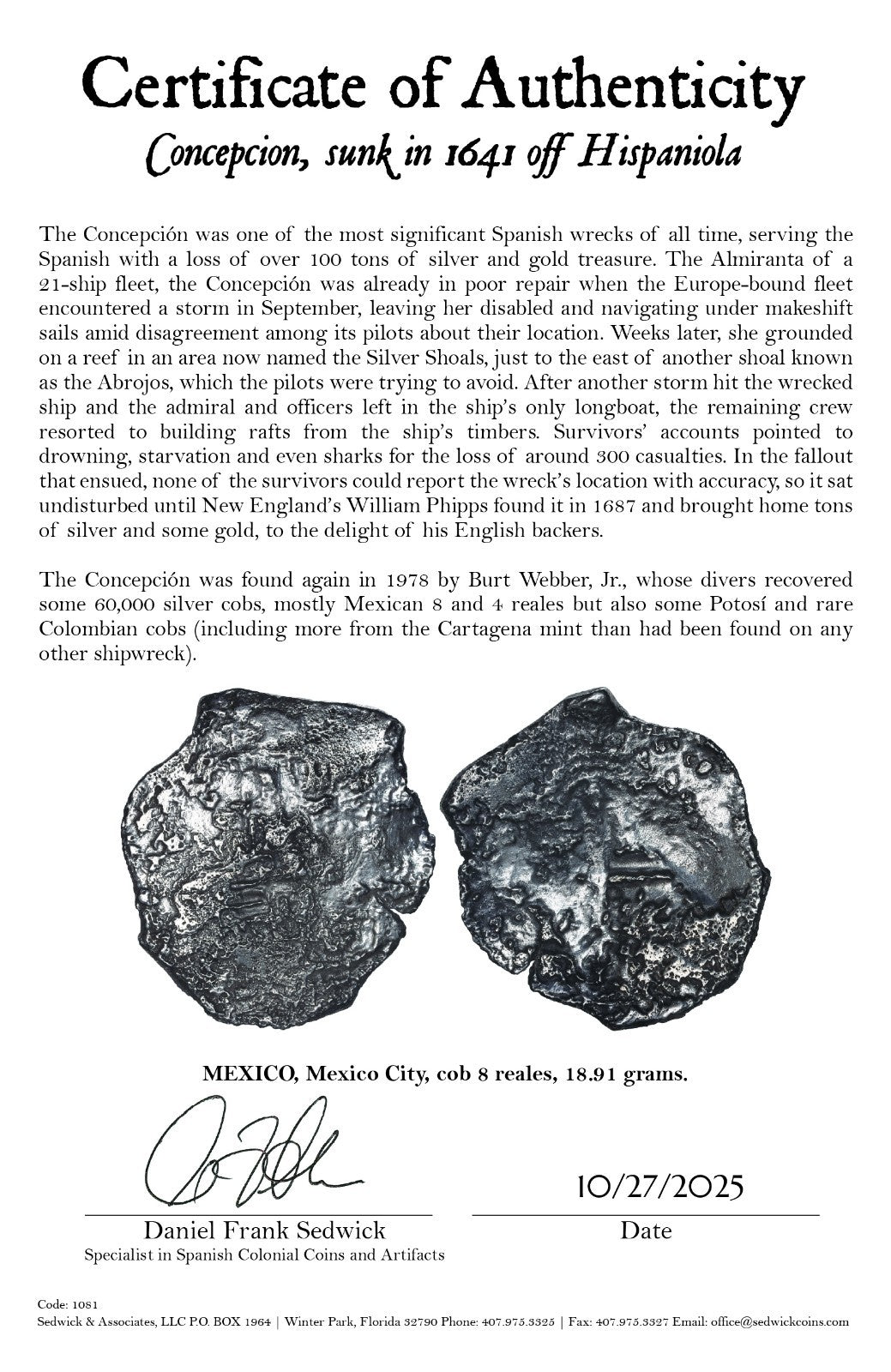 Concepcion Shipwreck (1641) MEXICO Mexico City Silver Cob 8 Reales with COA 1081