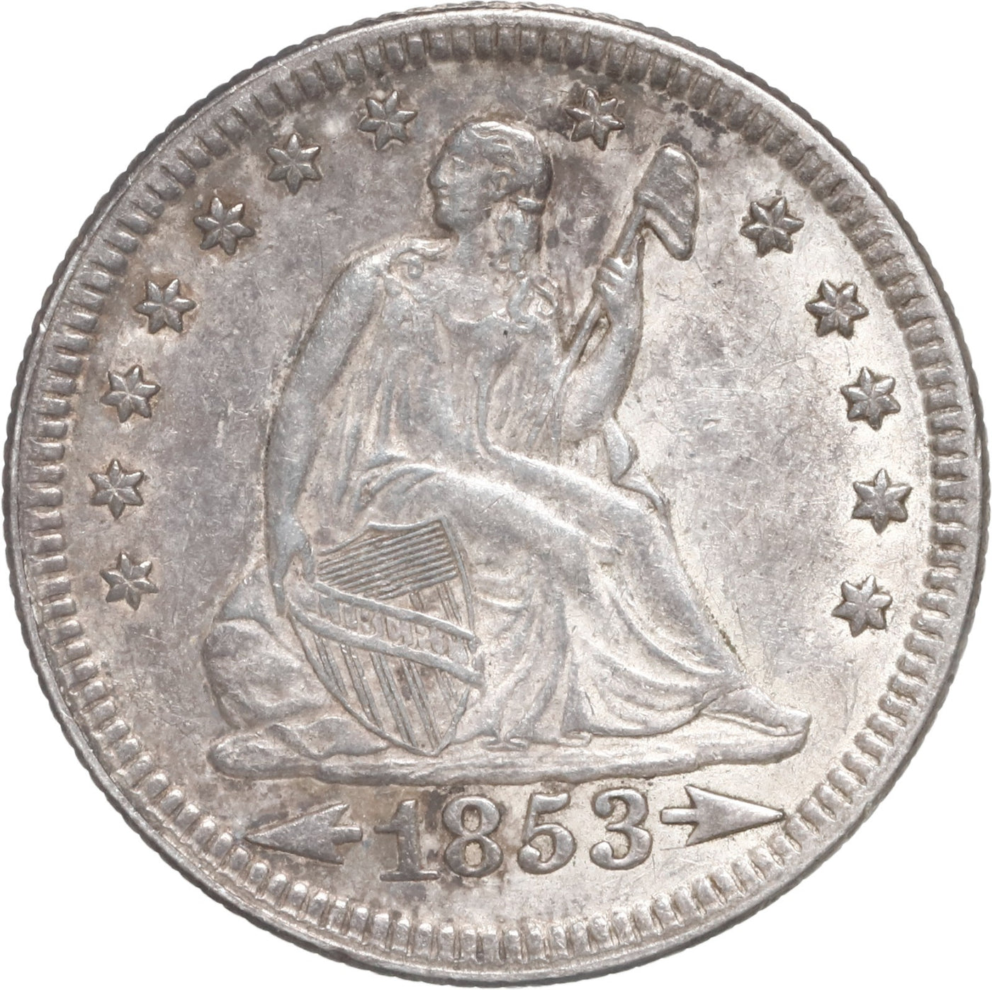 UNITED STATES, Philadelphia, 25 cents, 1853, with arrows.