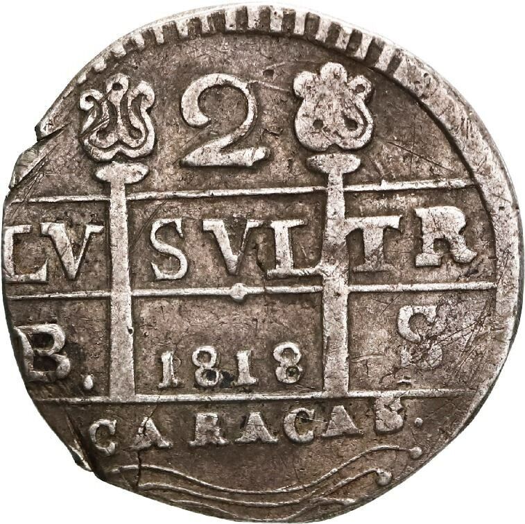 VENEZUELA Caracas Silver 2 Reales Imitation Cob "1818" (ca. 1830) Cal-740